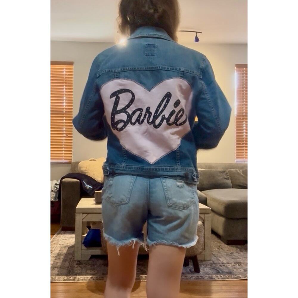 Barbie Pink Heart Rhinestone Reworked Denim Jacket Upcycled Retro Size Large